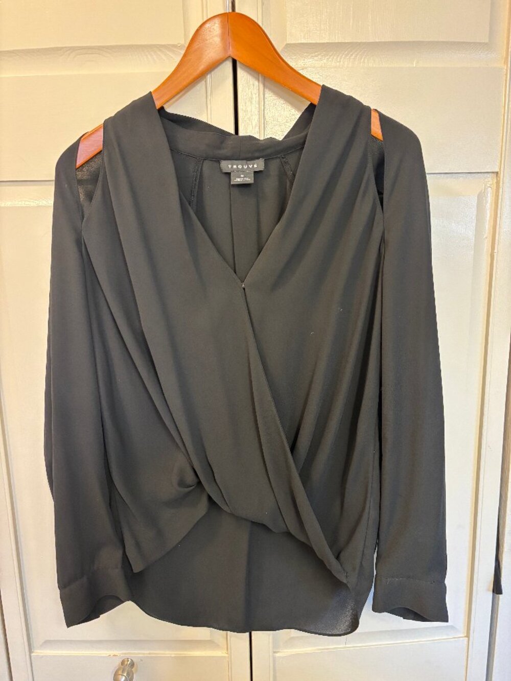 Trouvé Black Draped Surplice Blouse – Cold Shoulder Cutout Detail